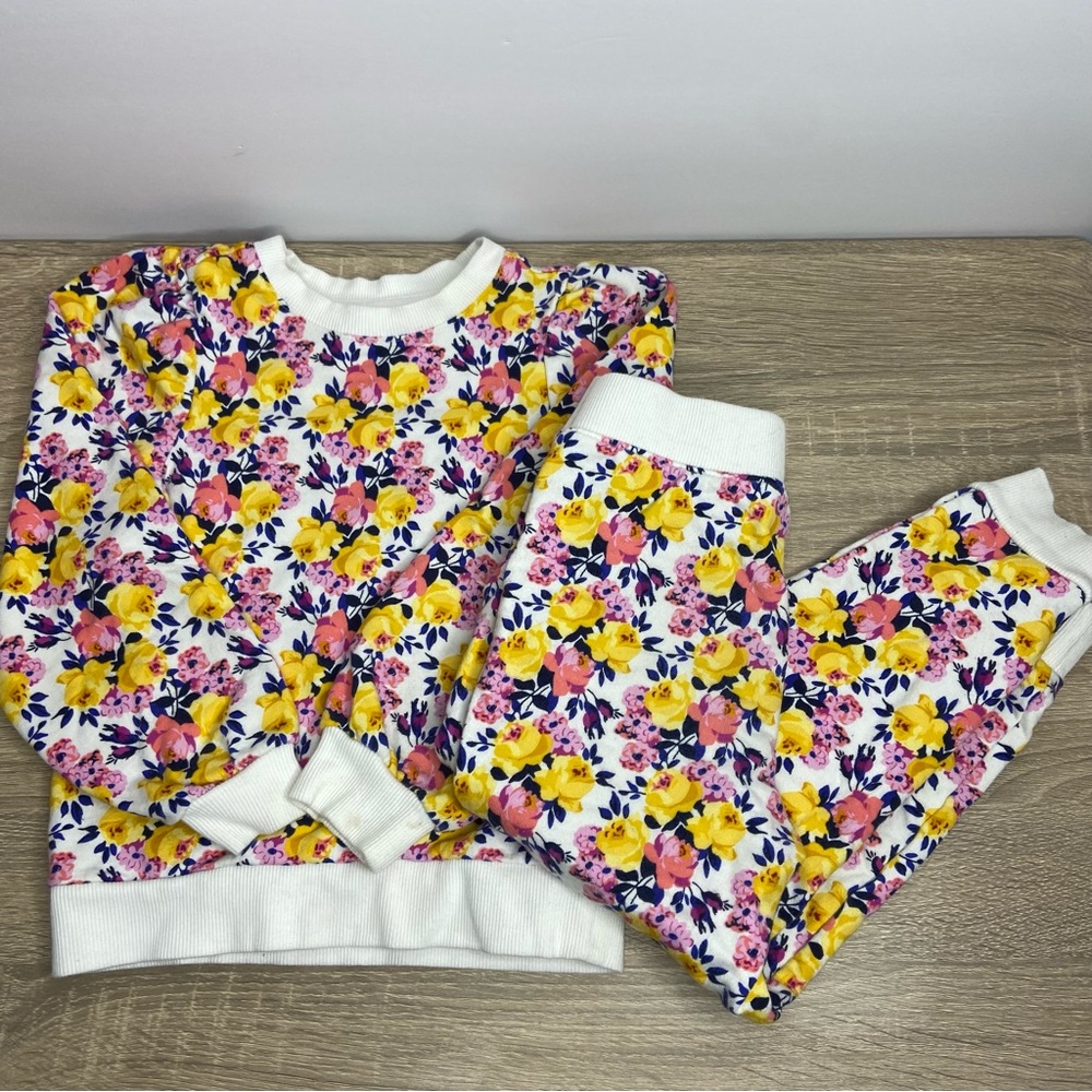 Janie and Jack Pink Yellow Floral Puff Sleeve Sweatshirt & Joggers Set Size 5